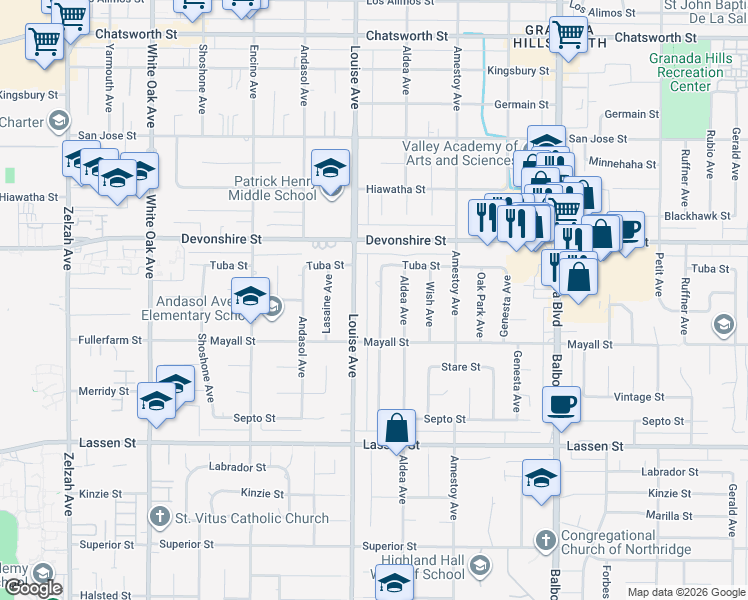 map of restaurants, bars, coffee shops, grocery stores, and more near 10151 Babbitt Avenue in Los Angeles