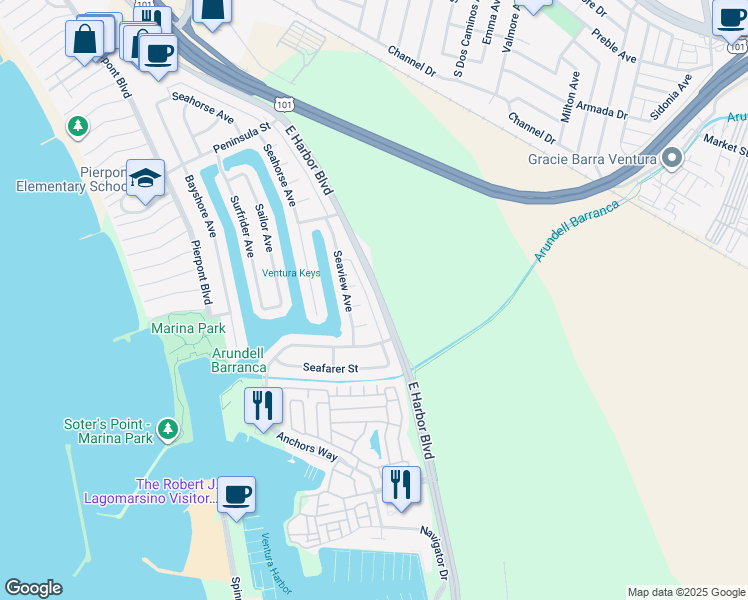 map of restaurants, bars, coffee shops, grocery stores, and more near 3065 East Harbor Boulevard in Ventura
