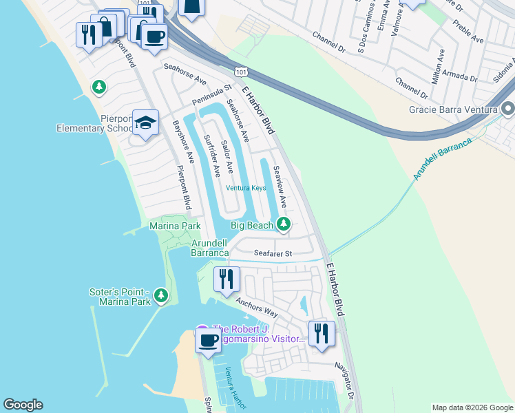 map of restaurants, bars, coffee shops, grocery stores, and more near 3057 Seahorse Avenue in Ventura