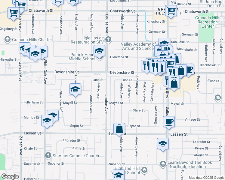 map of restaurants, bars, coffee shops, grocery stores, and more near 10151 Babbitt Avenue in Los Angeles