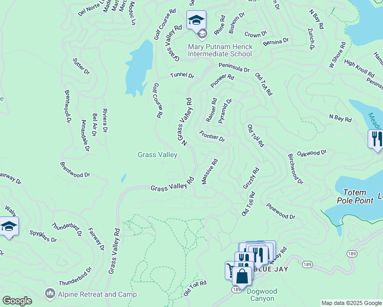 map of restaurants, bars, coffee shops, grocery stores, and more near 308 Grass Valley Road in Lake Arrowhead