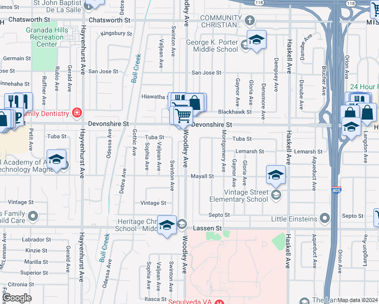 map of restaurants, bars, coffee shops, grocery stores, and more near 10156 Woodley Avenue in Los Angeles