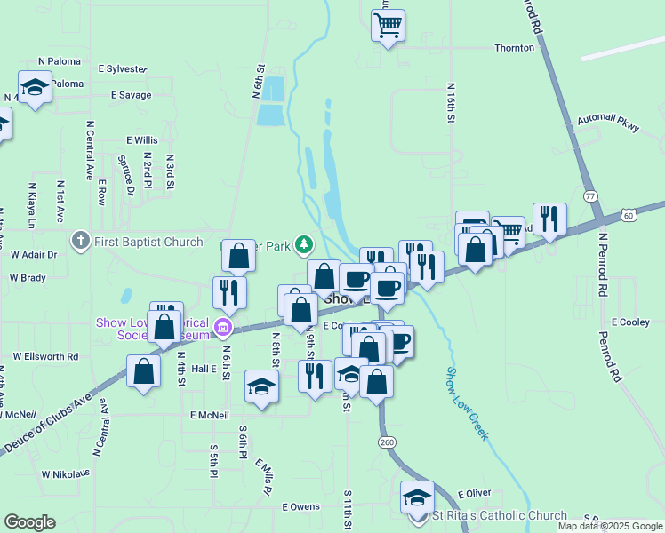 map of restaurants, bars, coffee shops, grocery stores, and more near 621 North 10th Place in Show Low