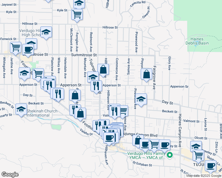 map of restaurants, bars, coffee shops, grocery stores, and more near 10249 Hillhaven Avenue in Los Angeles