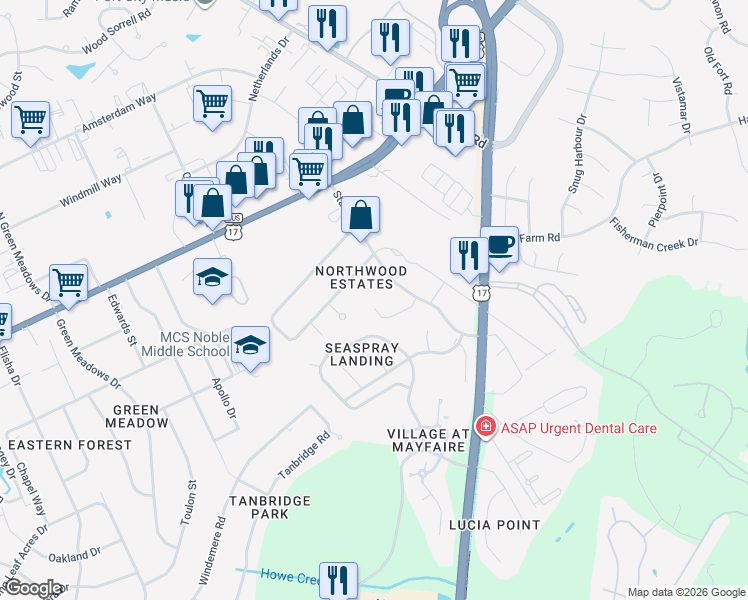 map of restaurants, bars, coffee shops, grocery stores, and more near 450 Saucier Way in Wilmington