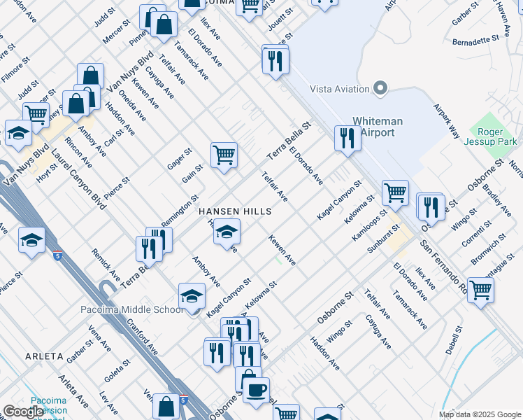 map of restaurants, bars, coffee shops, grocery stores, and more near 13113 Glamis Street in Los Angeles