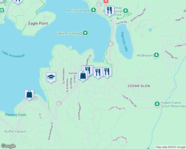 map of restaurants, bars, coffee shops, grocery stores, and more near 304 Emerald Drive in Lake Arrowhead
