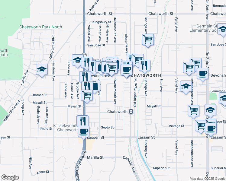 map of restaurants, bars, coffee shops, grocery stores, and more near 10201 Owensmouth Avenue in Chatsworth