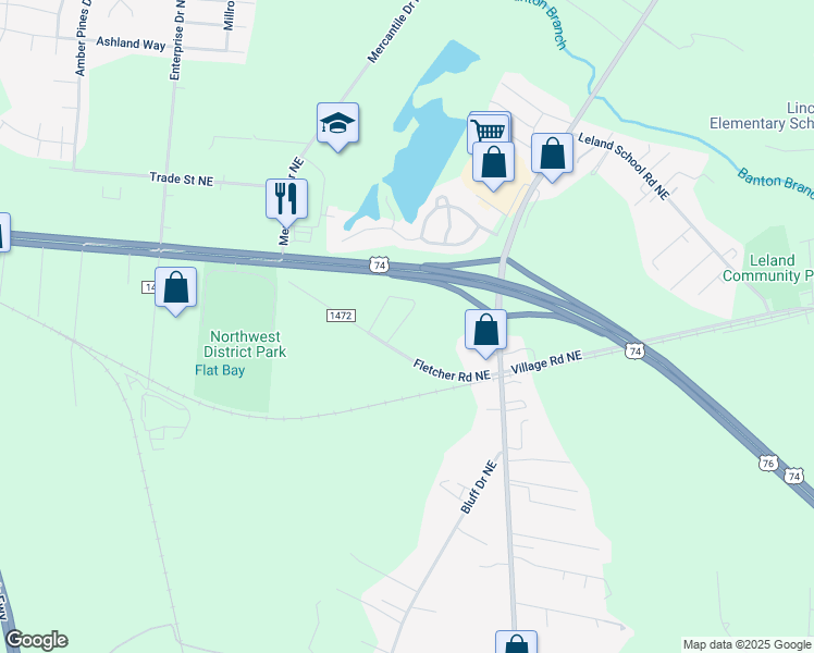 map of restaurants, bars, coffee shops, grocery stores, and more near 1774 Liz Lane Northeast in Leland