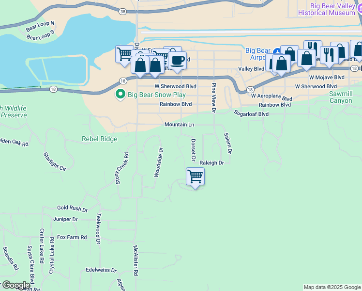 map of restaurants, bars, coffee shops, grocery stores, and more near 444 Hillen Dale Drive in Big Bear
