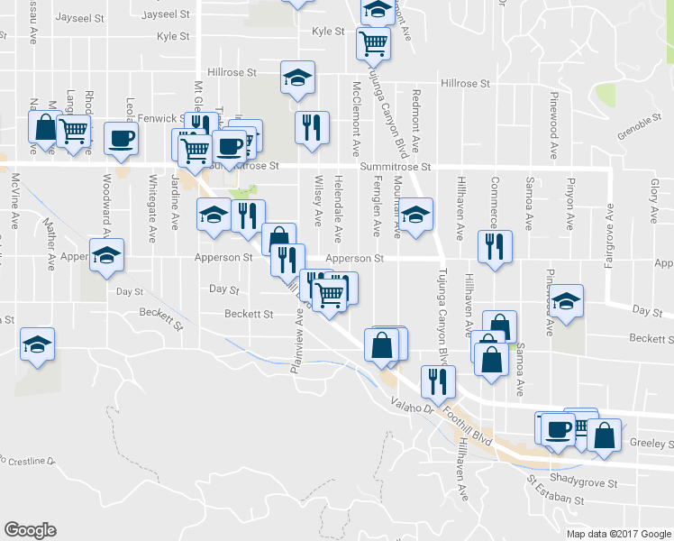 map of restaurants, bars, coffee shops, grocery stores, and more near 10246 Helendale Avenue in Los Angeles