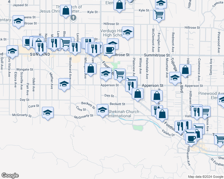 map of restaurants, bars, coffee shops, grocery stores, and more near 10249 Irma Avenue in Los Angeles
