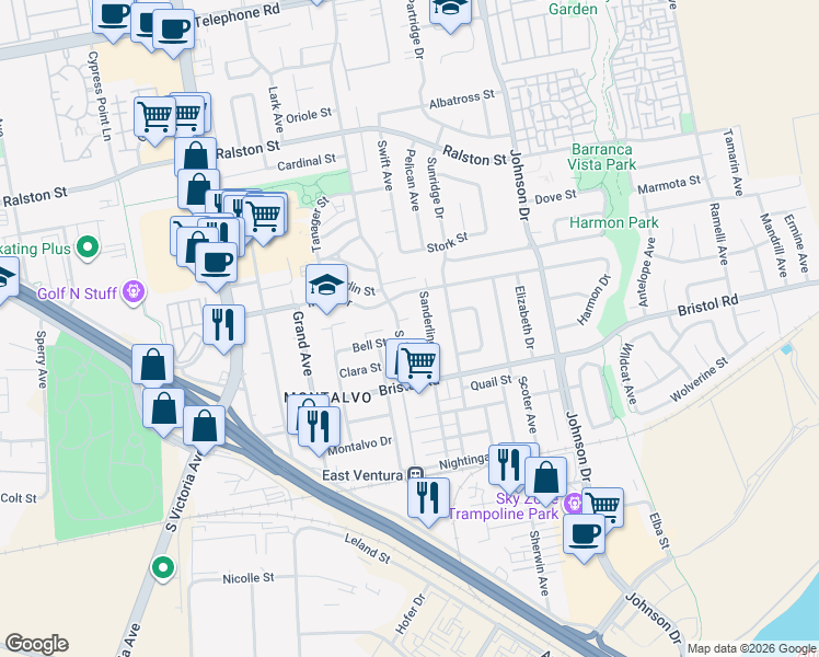 map of restaurants, bars, coffee shops, grocery stores, and more near 6432 Curlew Place in Ventura