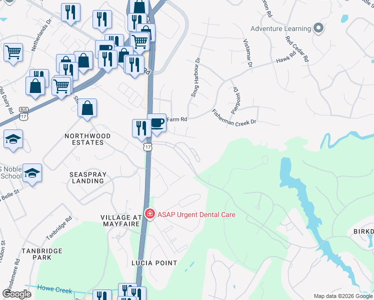 map of restaurants, bars, coffee shops, grocery stores, and more near 7118 Saybrook Drive in Wilmington