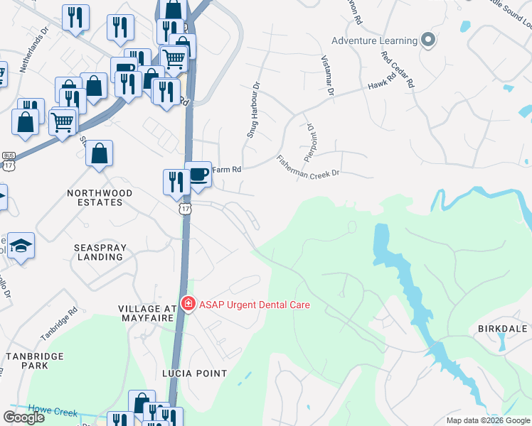 map of restaurants, bars, coffee shops, grocery stores, and more near 7117 Saybrook Drive in Wilmington