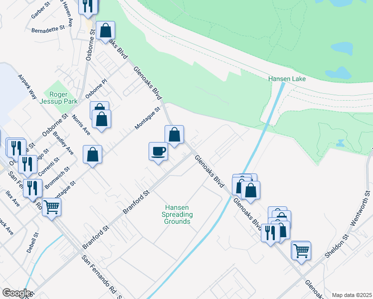 map of restaurants, bars, coffee shops, grocery stores, and more near 10202 Glenoaks Boulevard in Los Angeles