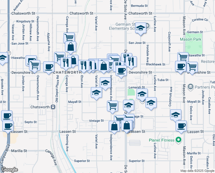 map of restaurants, bars, coffee shops, grocery stores, and more near 21025 Lemarsh Street in Los Angeles