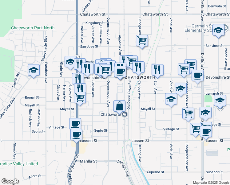 map of restaurants, bars, coffee shops, grocery stores, and more near 10207 Remmet Avenue in Los Angeles