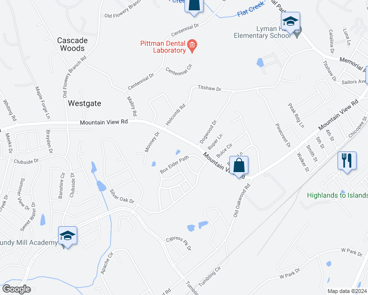 map of restaurants, bars, coffee shops, grocery stores, and more near 3315 Mountain View Road in Gainesville