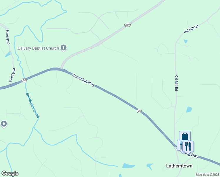 map of restaurants, bars, coffee shops, grocery stores, and more near 10585 Cumming Highway in Canton