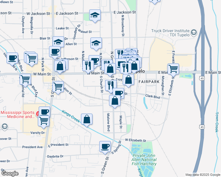 map of restaurants, bars, coffee shops, grocery stores, and more near 151 South Green Street in Tupelo