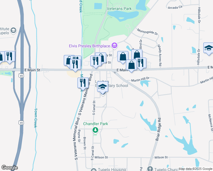 map of restaurants, bars, coffee shops, grocery stores, and more near 140 Lake Street in Tupelo