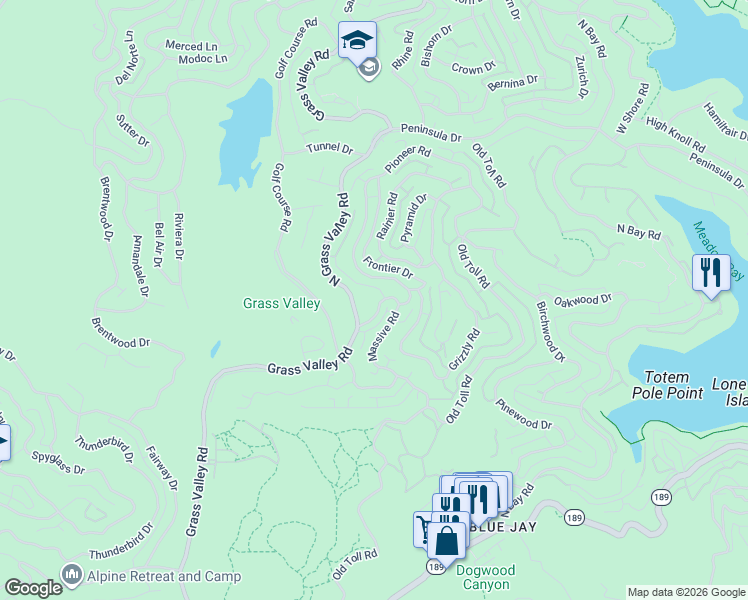 map of restaurants, bars, coffee shops, grocery stores, and more near 308 Pioneer Road in Lake Arrowhead