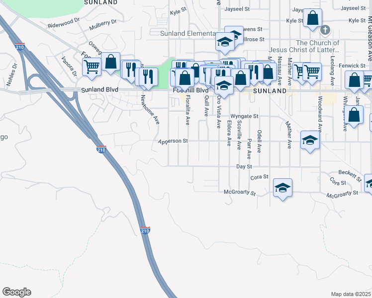 map of restaurants, bars, coffee shops, grocery stores, and more near 10247 Floralita Avenue in Los Angeles