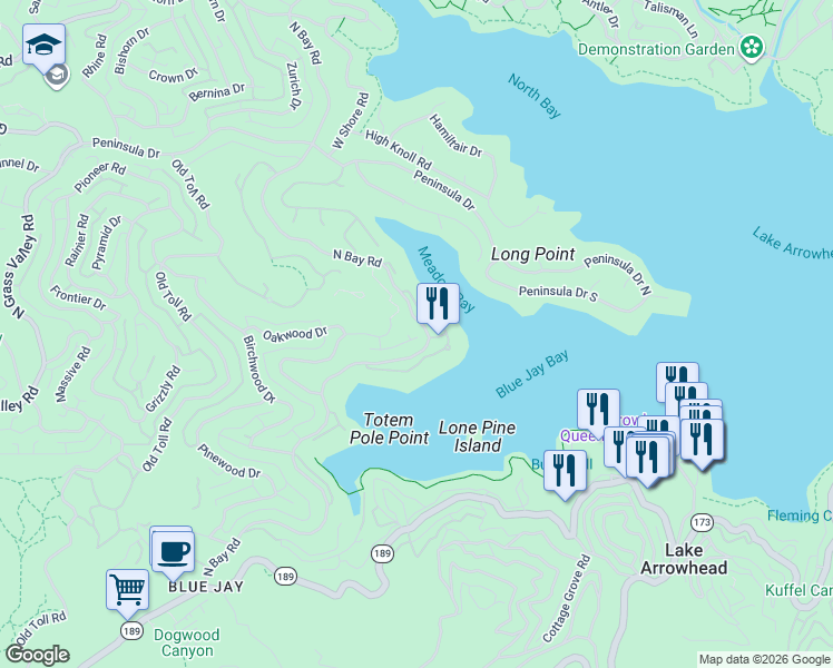 map of restaurants, bars, coffee shops, grocery stores, and more near 27446 North Bay Road in Lake Arrowhead