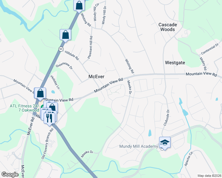 map of restaurants, bars, coffee shops, grocery stores, and more near 3645 Mountain View Road in Gainesville