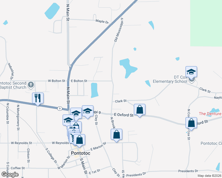 map of restaurants, bars, coffee shops, grocery stores, and more near 187 North Brooks Street in Pontotoc