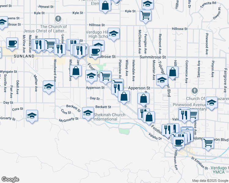 map of restaurants, bars, coffee shops, grocery stores, and more near 7633 Foothill Boulevard in Los Angeles