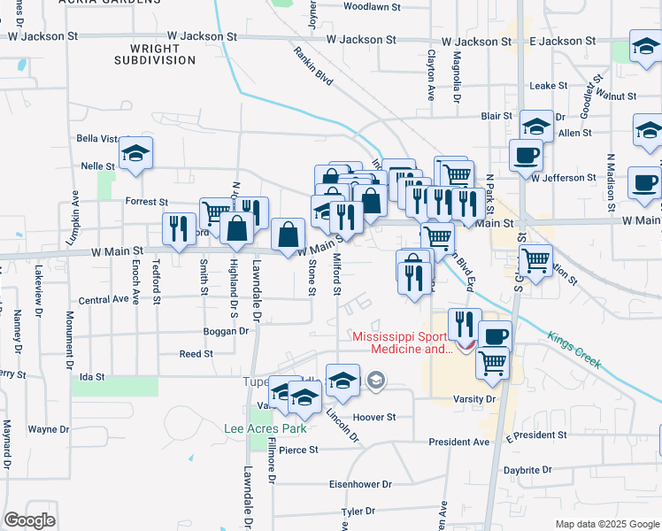 map of restaurants, bars, coffee shops, grocery stores, and more near 117 Milford Street in Tupelo