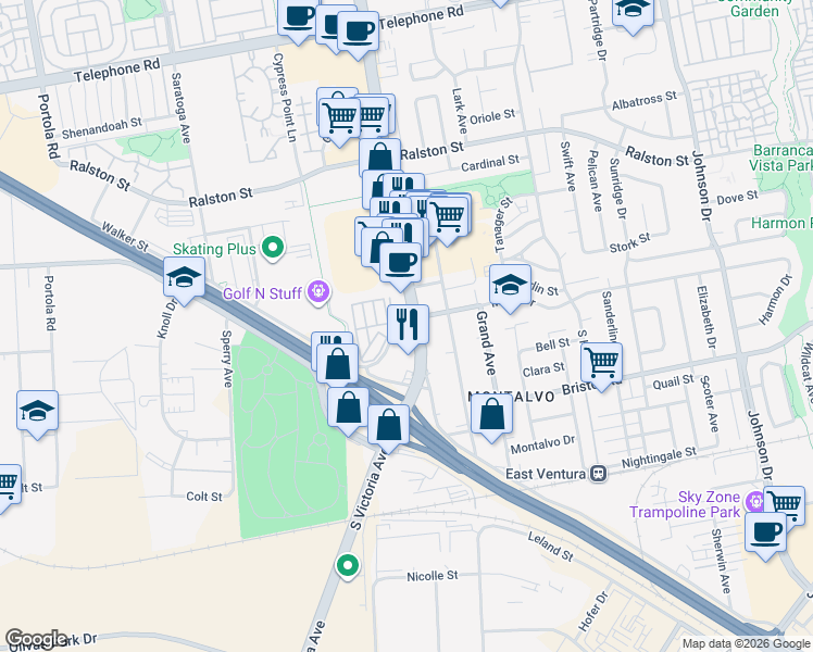 map of restaurants, bars, coffee shops, grocery stores, and more near 2035 South Victoria Avenue in Ventura