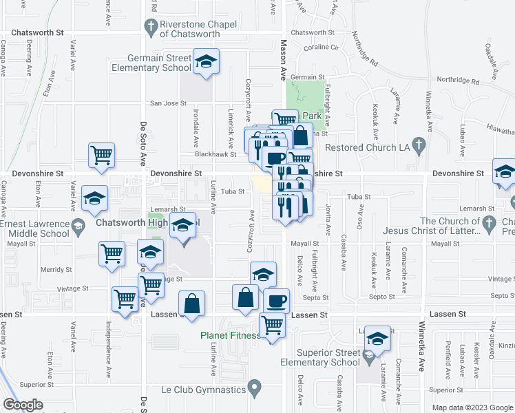 map of restaurants, bars, coffee shops, grocery stores, and more near 10200 Cozycroft Avenue in Los Angeles