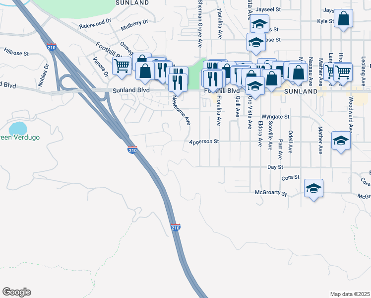 map of restaurants, bars, coffee shops, grocery stores, and more near 8635 Newhome Avenue in Los Angeles