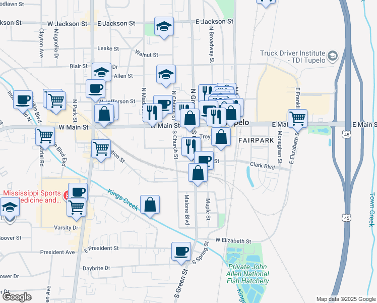 map of restaurants, bars, coffee shops, grocery stores, and more near 151 South Green Street in Tupelo