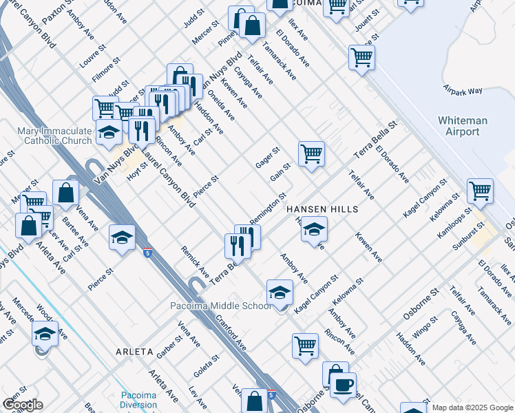 map of restaurants, bars, coffee shops, grocery stores, and more near 10215 O Melveny Avenue in Los Angeles