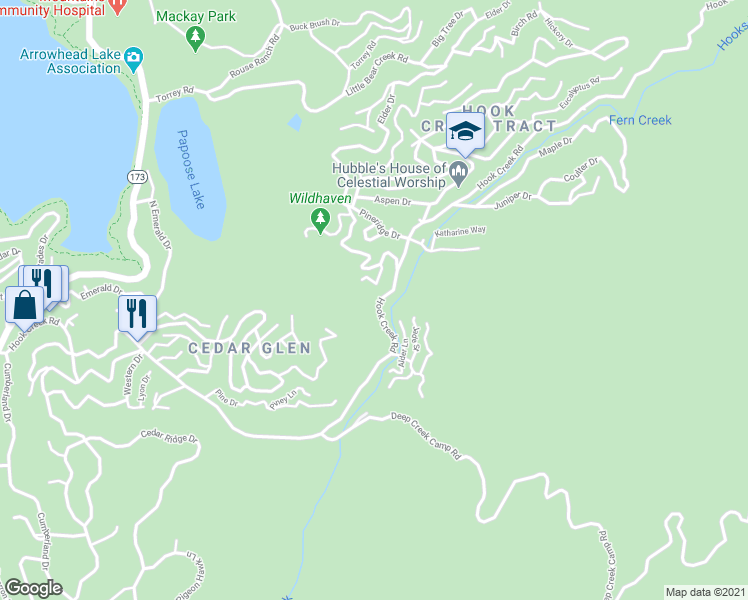 map of restaurants, bars, coffee shops, grocery stores, and more near 29630 Hook Creek Road in Lake Arrowhead