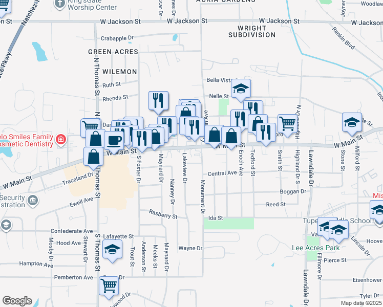map of restaurants, bars, coffee shops, grocery stores, and more near 2117 Main Street in Tupelo
