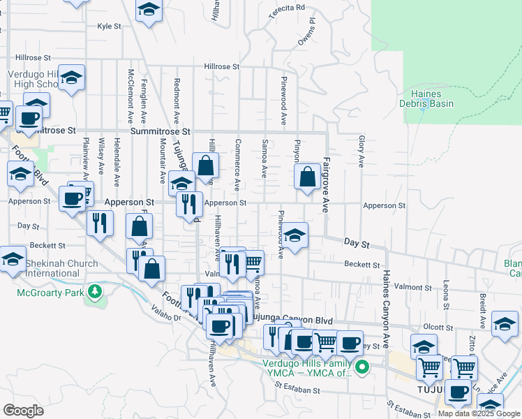 map of restaurants, bars, coffee shops, grocery stores, and more near 10248 Samoa Avenue in Los Angeles