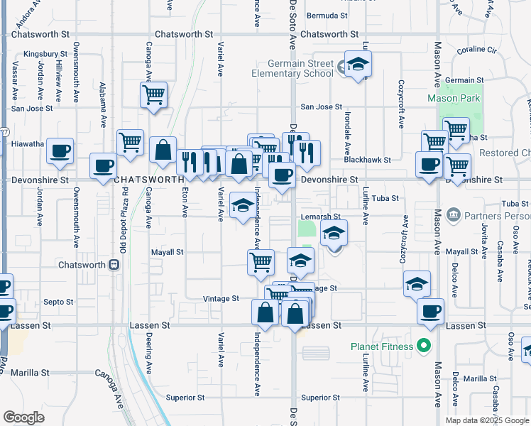 map of restaurants, bars, coffee shops, grocery stores, and more near 10206 Independence Avenue in Los Angeles