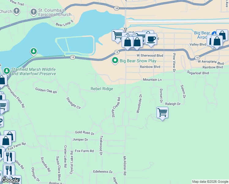 map of restaurants, bars, coffee shops, grocery stores, and more near 42848 Eagles Flight Place in Big Bear Lake