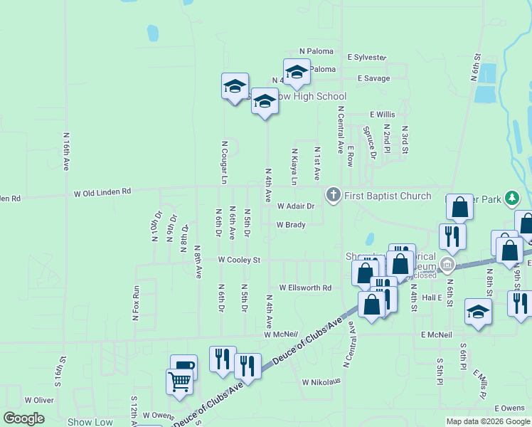 map of restaurants, bars, coffee shops, grocery stores, and more near 661 North 4th Drive in Show Low