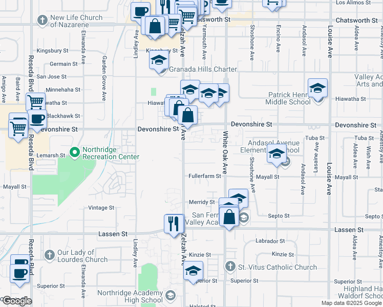 map of restaurants, bars, coffee shops, grocery stores, and more near 17832 Lemarsh Street in Los Angeles