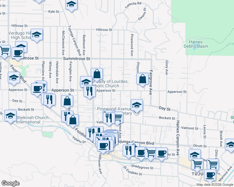 map of restaurants, bars, coffee shops, grocery stores, and more near 7158 Apperson Street in Los Angeles