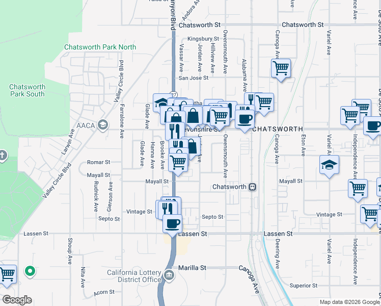 map of restaurants, bars, coffee shops, grocery stores, and more near 10204 Vassar Avenue in Los Angeles