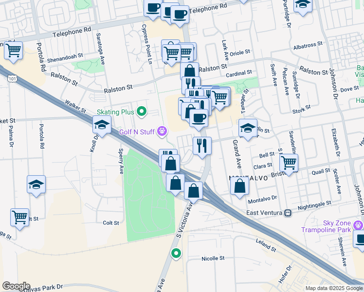 map of restaurants, bars, coffee shops, grocery stores, and more near 2005 Idaho Drive in Ventura