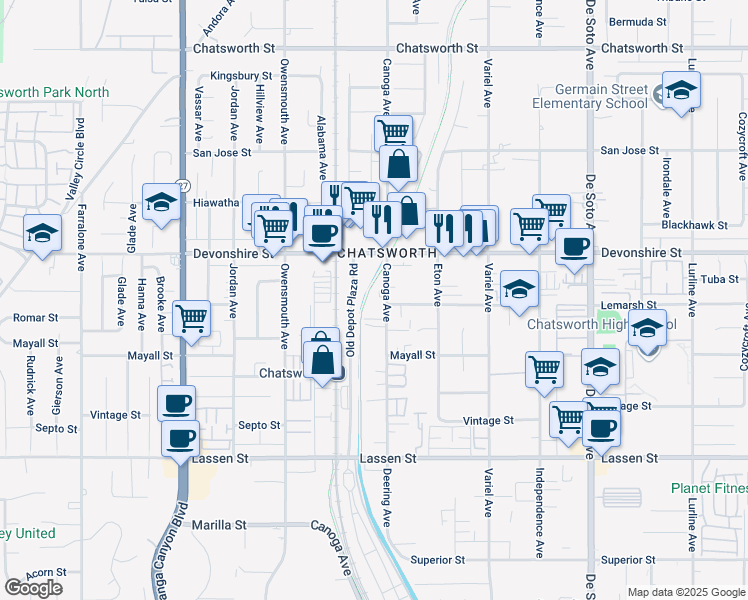 map of restaurants, bars, coffee shops, grocery stores, and more near 10201 Canoga Avenue in Los Angeles