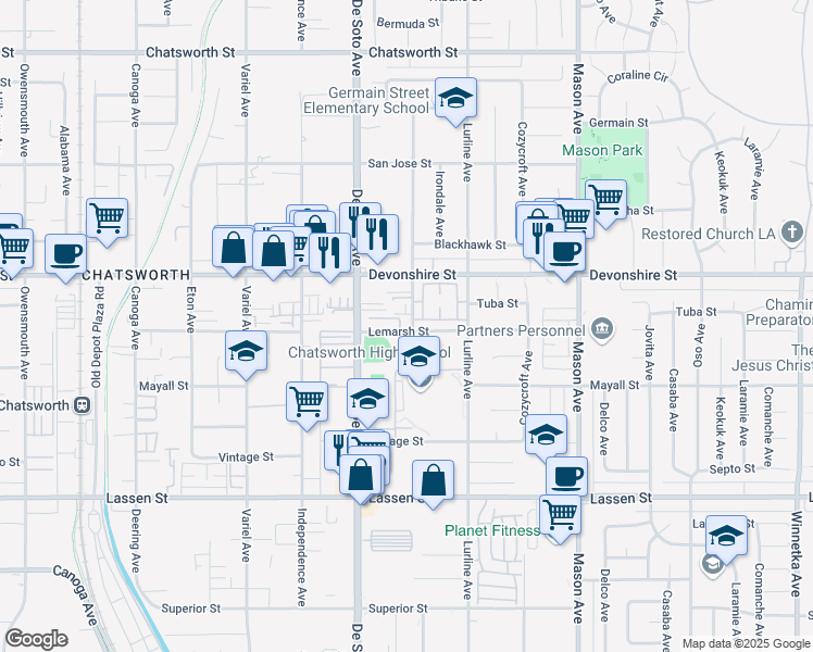 map of restaurants, bars, coffee shops, grocery stores, and more near 20801 Lemarsh Street in Los Angeles